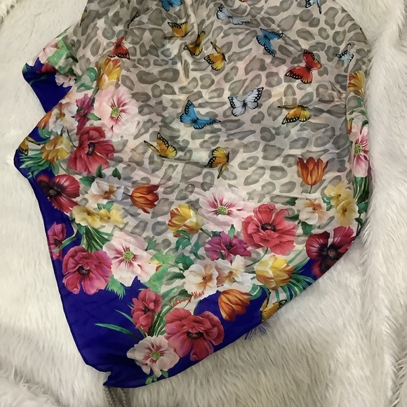 Johnny Was Accessories - Johnny was blue floral butterfly large silk scarf